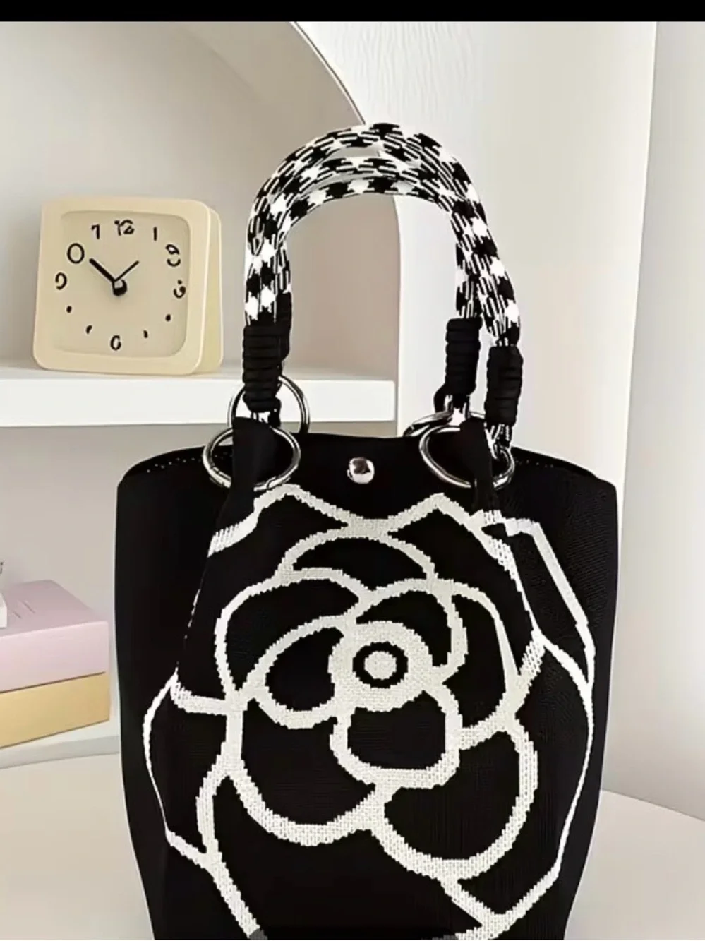 Black & White Floral Tote Bag with Braided Handles